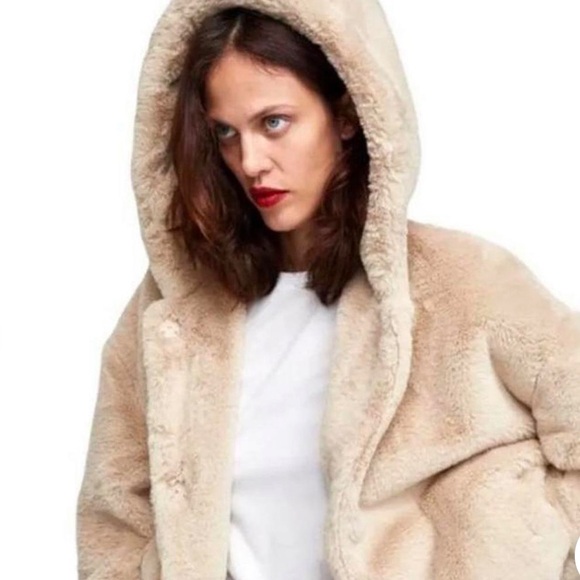 ZARA Basic Women's Hooded Teddy Faux Fur Plush Oversized Jacket - Picture 6 of 11